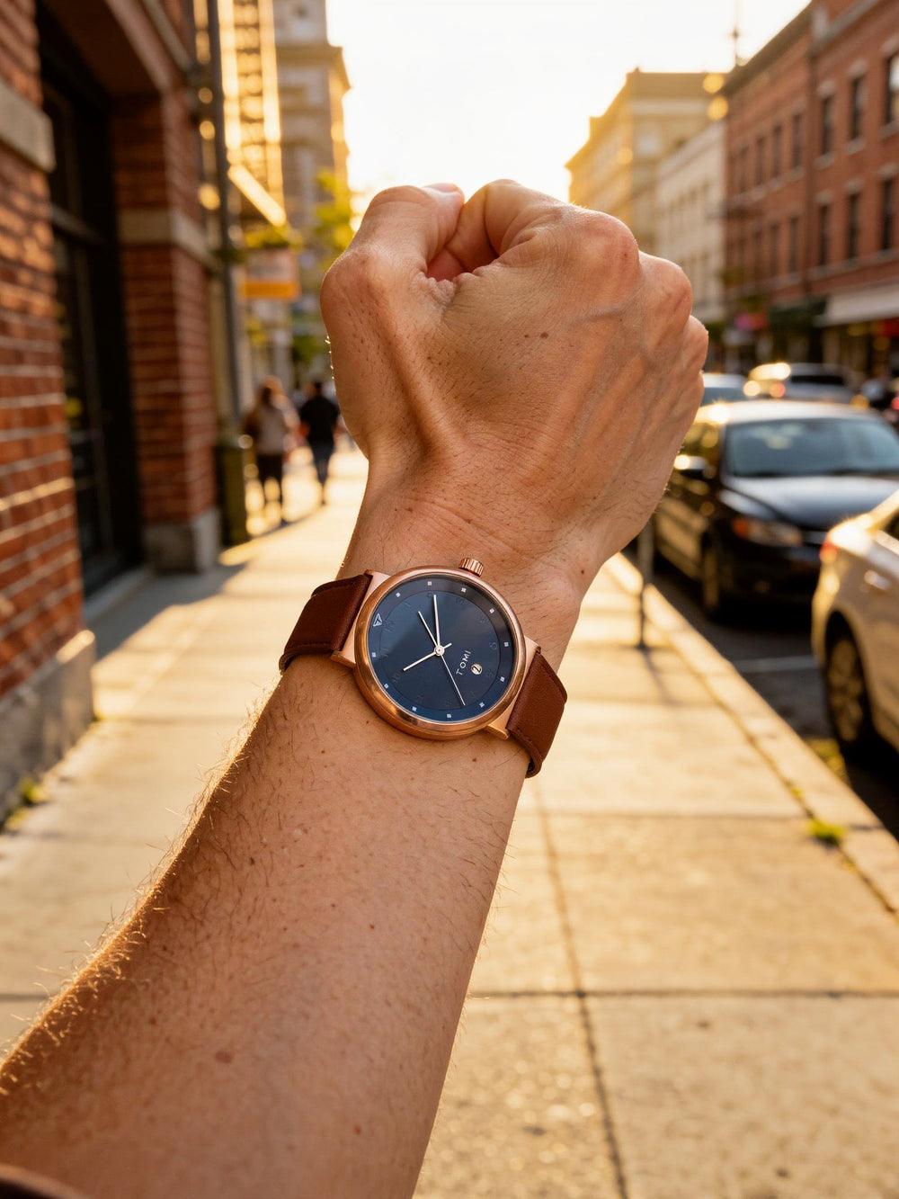 Man wearing TOMI T091 Citadel Edition watch, Brown / Blue colorway