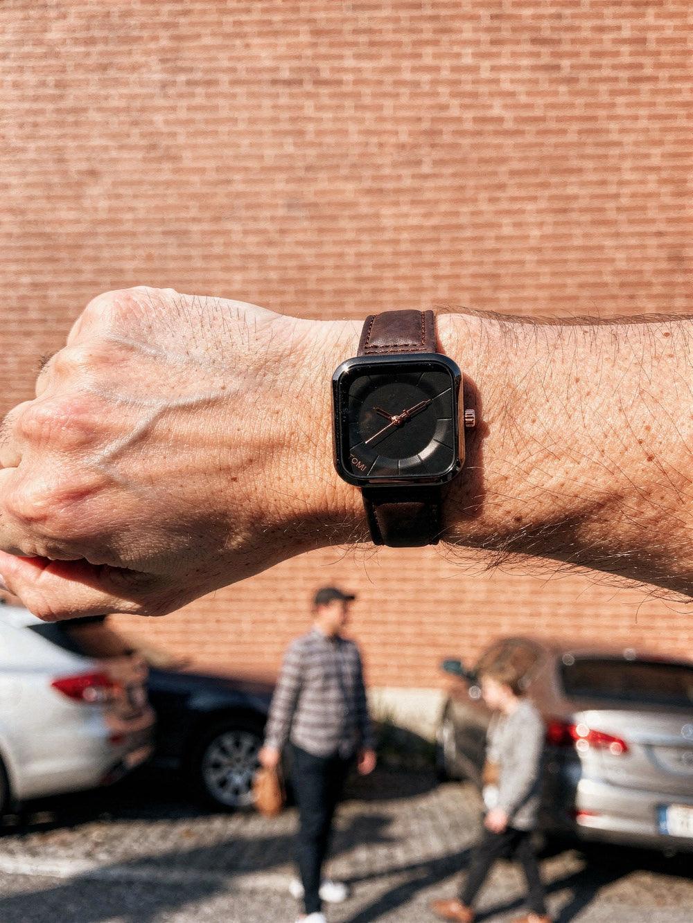 Man wearing TOMI T093 Onyx watch, Dark Coffee colorway