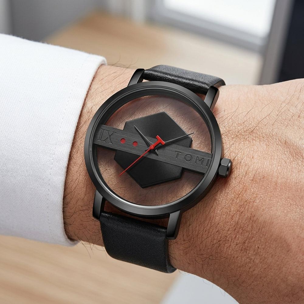 Man wearing TOMI T100 Avant-Garde Edition watch, All Black colorway