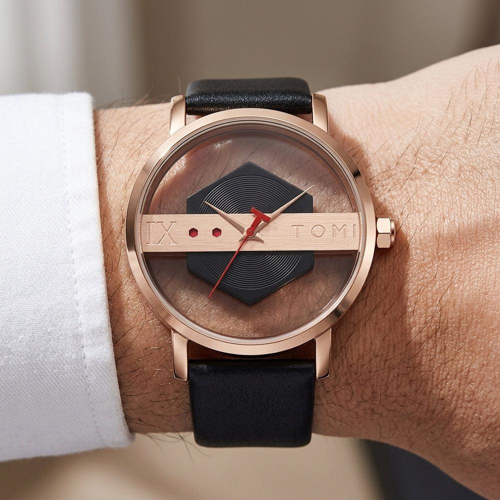 Man wearing TOMI T100 Avant-Garde Edition watch, Black / Rose Gold colorway