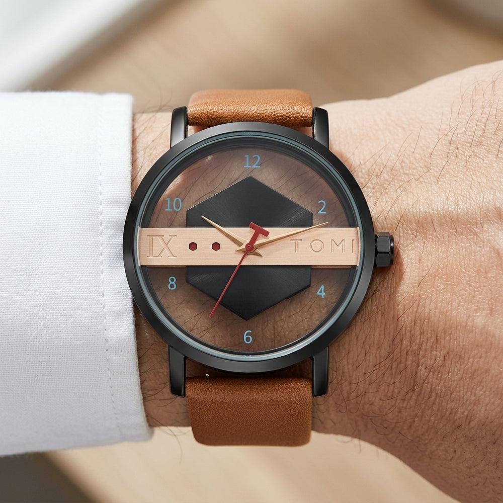Man wearing TOMI T100 Avant-Garde Edition watch, Brown / Black colorway