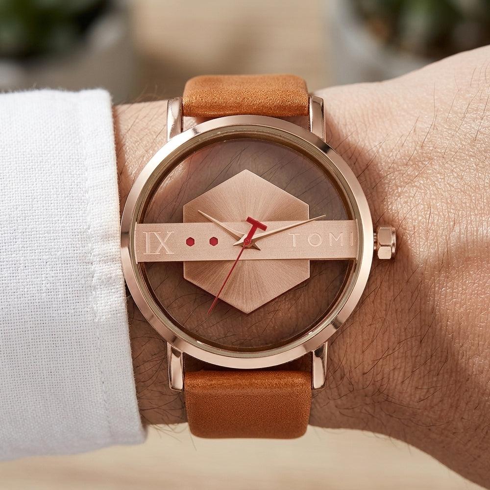 Man wearing TOMI T100 Avant-Garde Edition watch, Brown / Rose Gold colorway