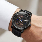 Man wearing TOMI T102 Galaxy Flow watch, T102-1 colorway