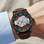 Man wearing TOMI T102 Galaxy Flow watch, T102-2 colorway
