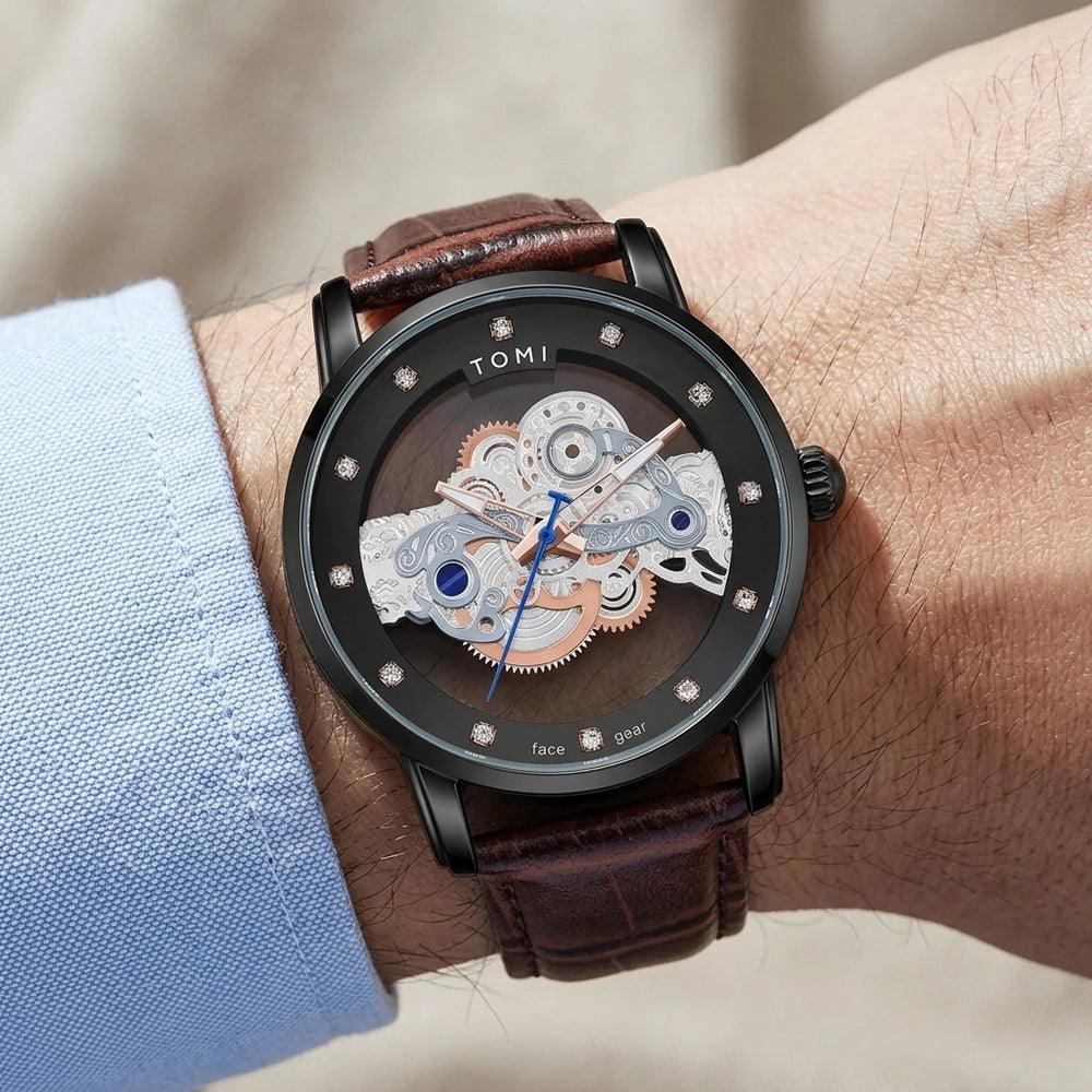 Man wearing TOMI T102 Galaxy Flow watch, T102-2 colorway