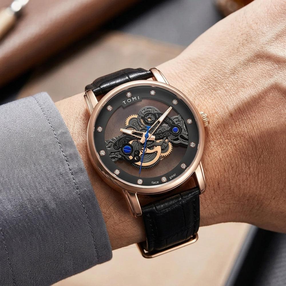 Man wearing TOMI T102 Galaxy Flow watch, T102-5 colorway