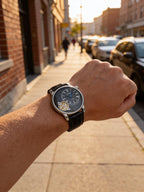 Man wearing TOMI T103 Velocity watch, All Black colorway