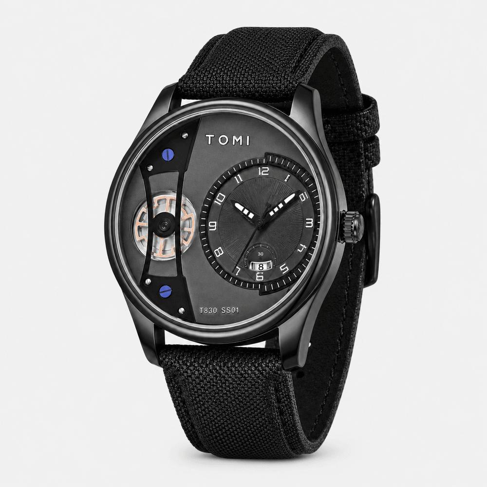 Man wearing TOMI T105 Constellation watch, T105-1 colorway