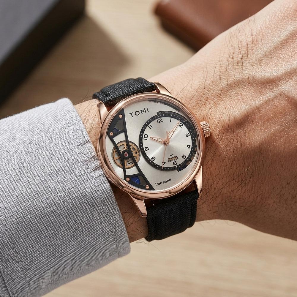 Man wearing TOMI T105 Constellation watch, T105-5 colorway