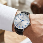 Man wearing TOMI T108 Aurora Chronicle watch, Black / Silver colorway