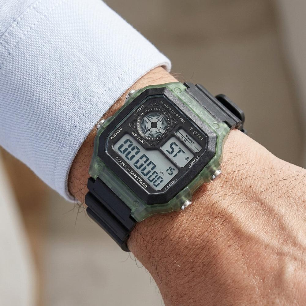 Man wearing TOMI T203 Prism Chronicle watch, Green colorway