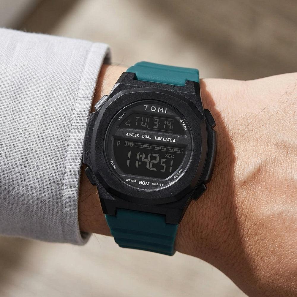 Man wearing TOMI T207 Peak Sonata watch, Sky Blue colorway