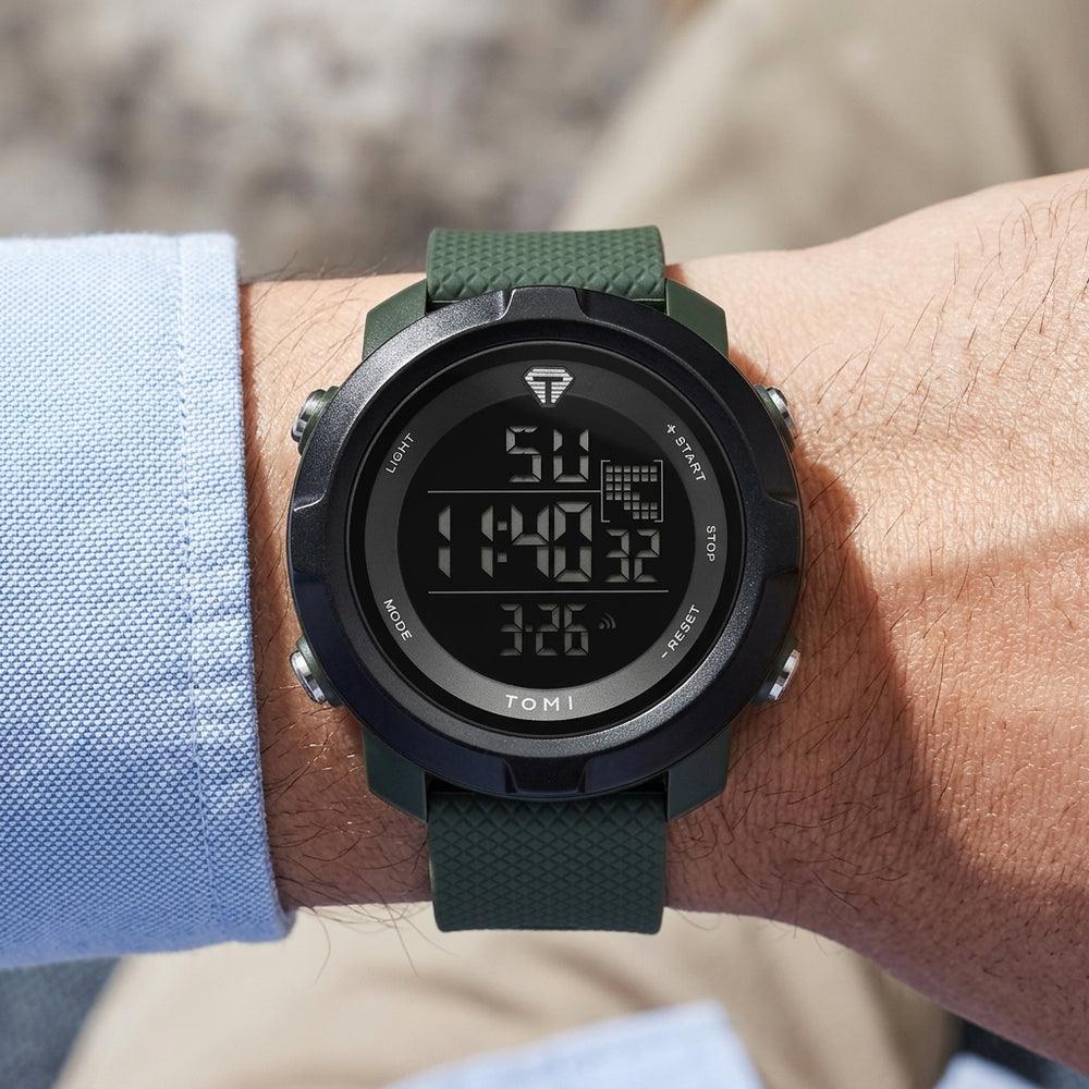 Man wearing TOMI T212 Aqua Ranger watch, Army Green colorway