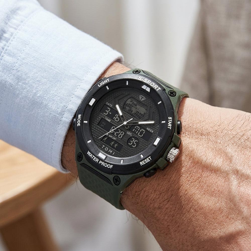 Man wearing TOMI T215 Comet Velocity watch, Army Green colorway