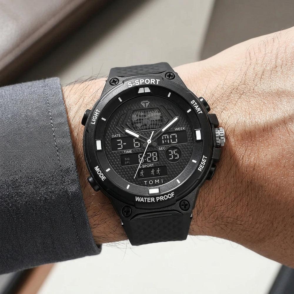 Man wearing TOMI T215 Comet Velocity watch, Black colorway