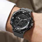 Man wearing TOMI T215 Comet Velocity watch, Grey colorway