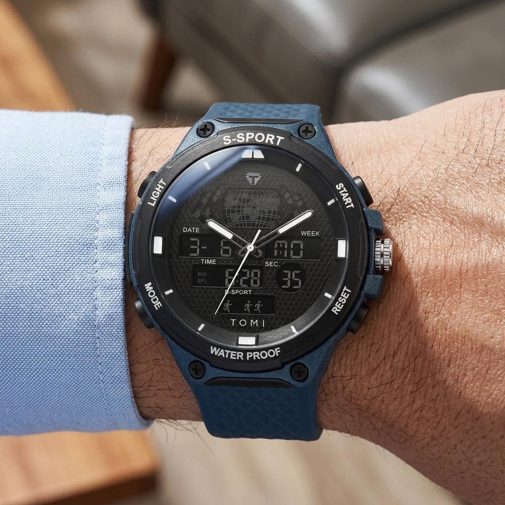 Man wearing TOMI T215 Comet Velocity watch, Dark Blue colorway