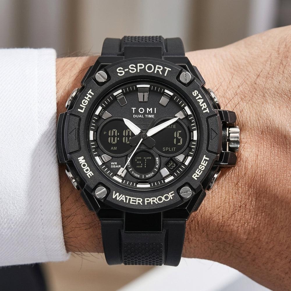 Man wearing TOMI T227 Canyon Dominion watch, Black colorway