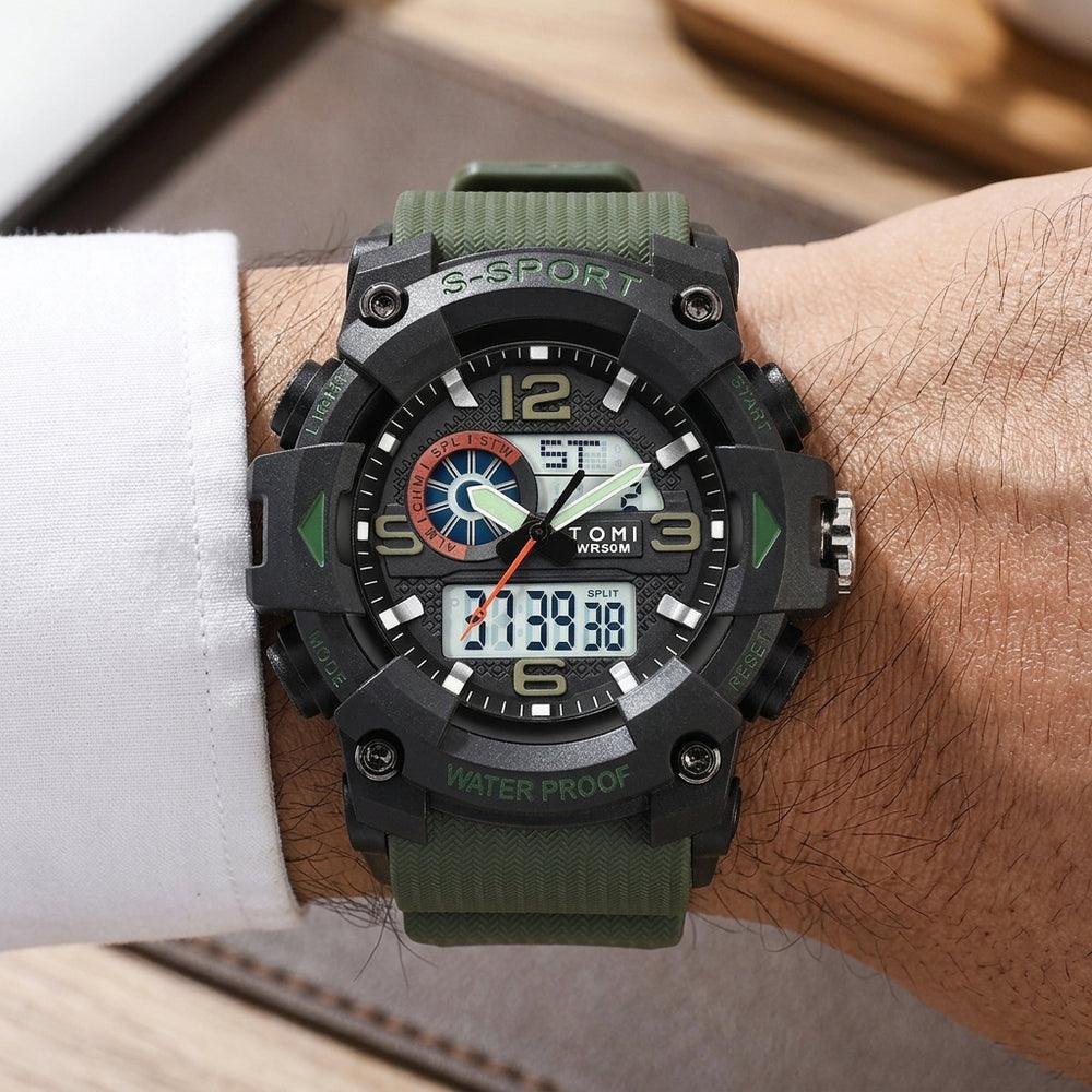Man wearing TOMI T231 Viper Strike watch, Army Green colorway