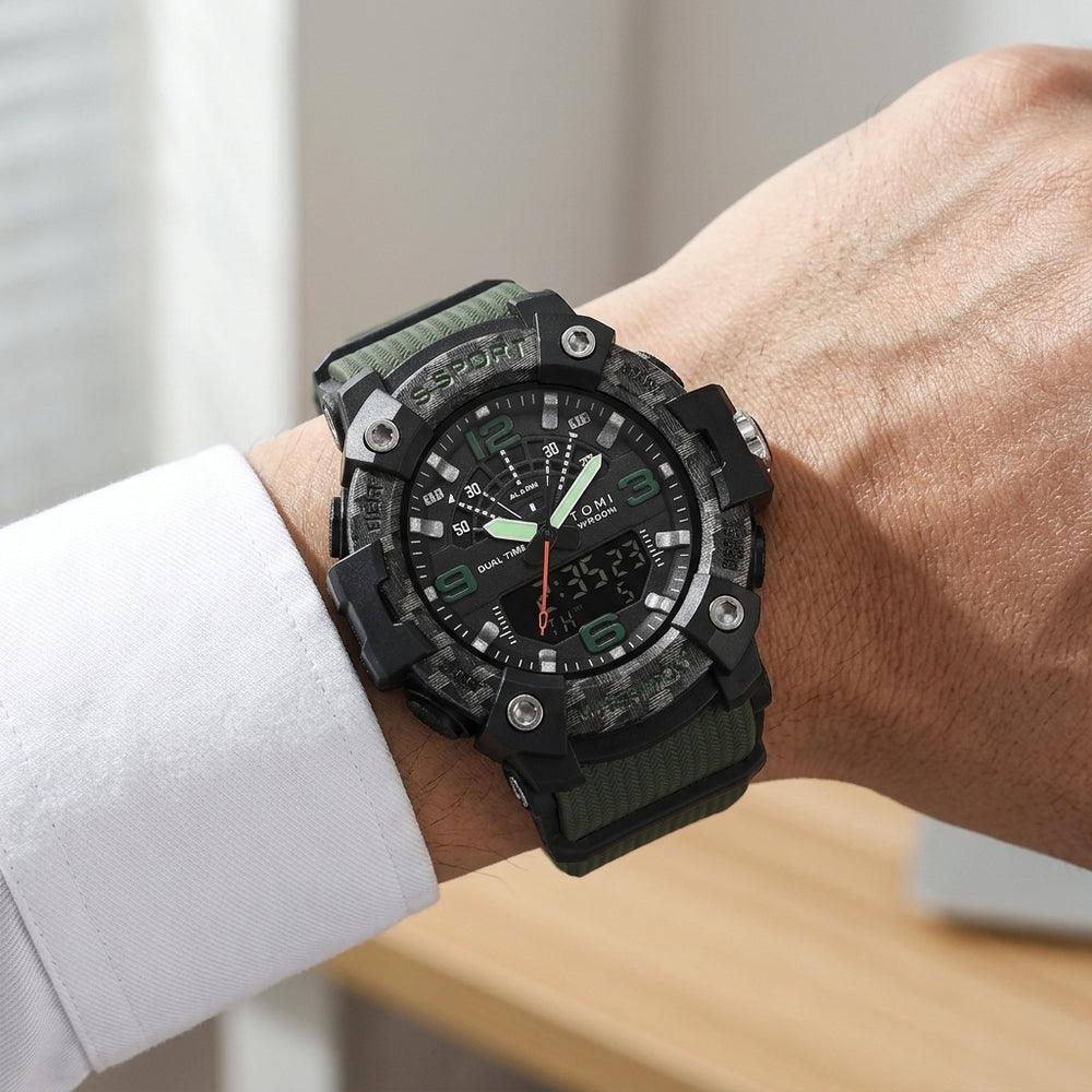Man wearing TOMI T233 Mudmaster Chronicle watch, Army Green colorway