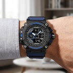 Man wearing TOMI T236 Titan Empire watch, Dark Blue colorway