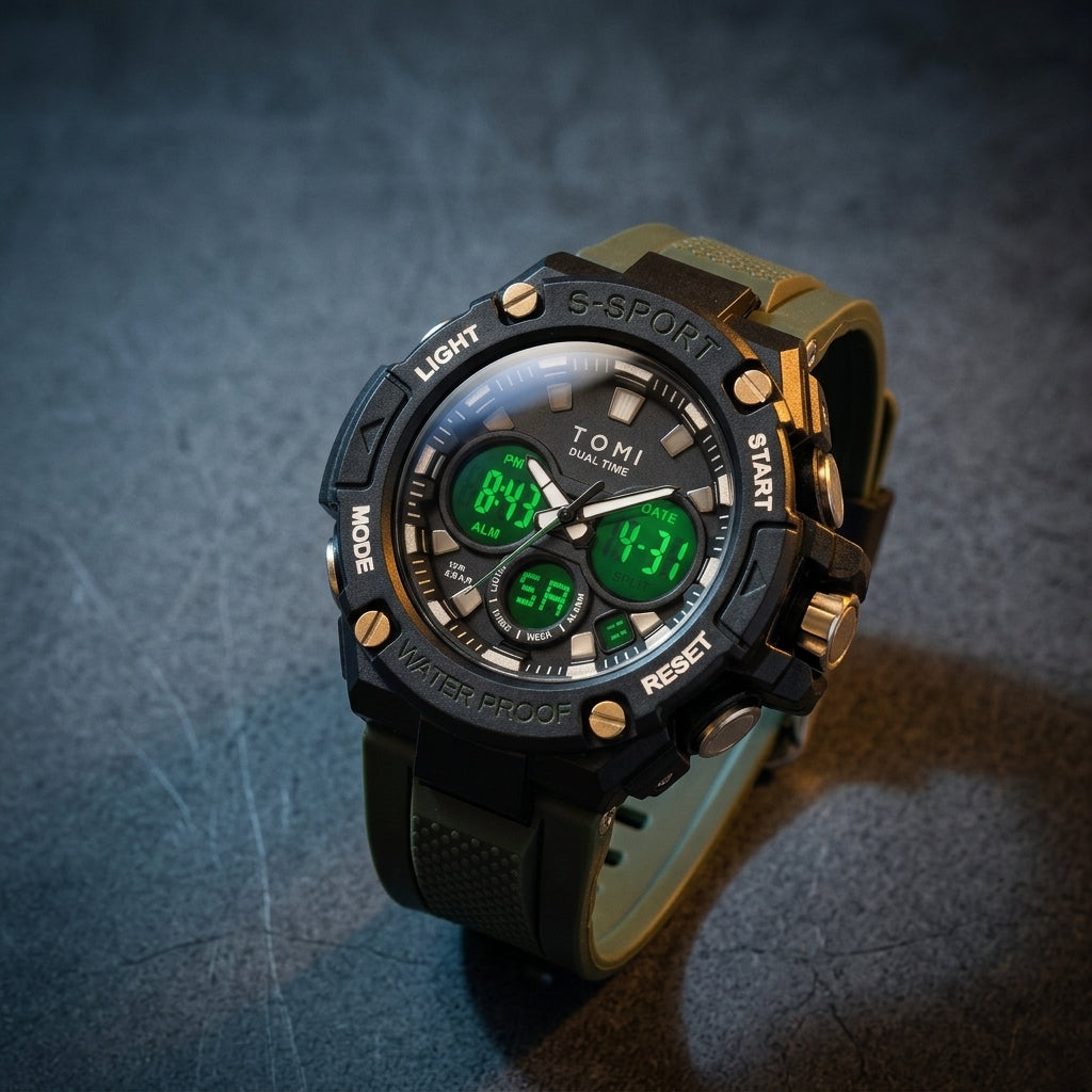 A TONI S-SPORT digital sports watch with a black and olive green case and strap, featuring green LCD displays, resting on a dark textured surface.