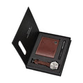 Gentleman's accessories set including a watch, wallet, and pen in a black box on a white background.