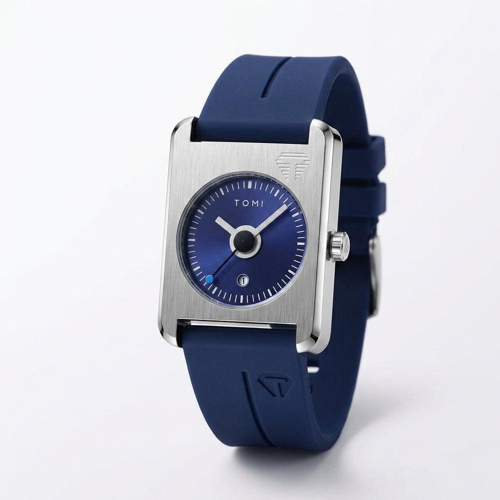 TOMI T022 Summit Eternal watch with blue dial and blue silicone strap, angled 3/4 view