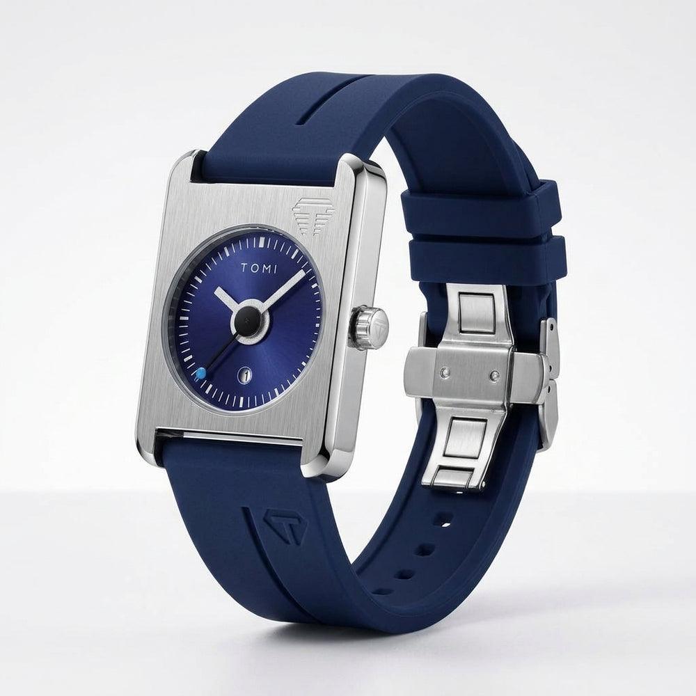 TOMI T022 Summit Eternal watch with blue dial and blue silicone strap, angled 3/4 view