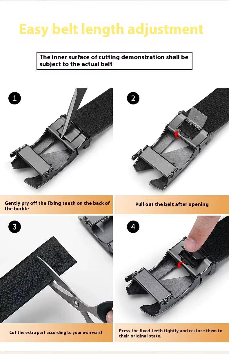 Instructions for easy belt length adjustment with a black belt and buckle.