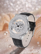 Luxury watch with diamond-studded face on a sparkling background