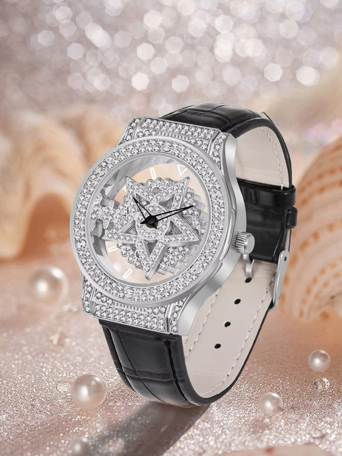 Luxury watch with diamond-studded face on a sparkling background