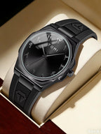 TOMI T051 black dial watch with leather strap on wood surface