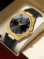 TOMI T051 gold-tone watch with leather strap on wood surface