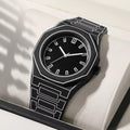 TOMI watch with octagonal case and geometric engraved steel bracelet, minimalist dial with baton hour markers and slim hands