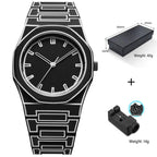 TOMI watch with octagonal case and geometric engraved steel bracelet, minimalist dial with baton hour markers and slim hands