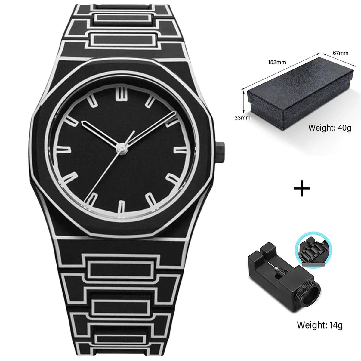 TOMI watch with octagonal case and geometric engraved steel bracelet, minimalist dial with baton hour markers and slim hands