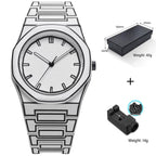 TOMI watch with octagonal case and geometric engraved steel bracelet, minimalist dial with baton hour markers and slim hands