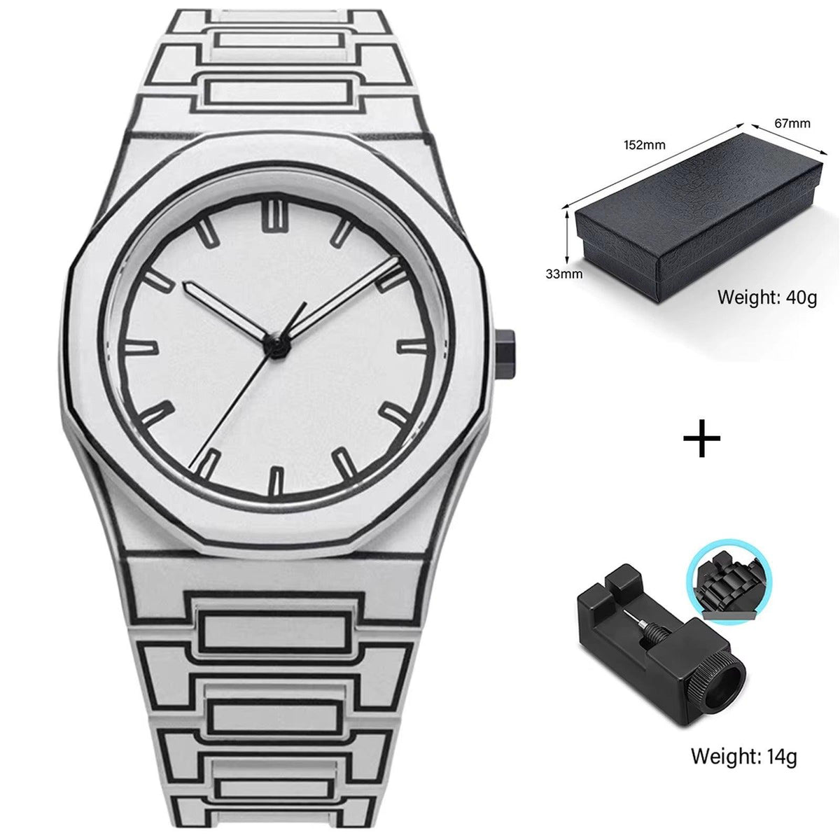 TOMI watch with octagonal case and geometric engraved steel bracelet, minimalist dial with baton hour markers and slim hands