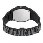 TOMI watch with octagonal case and geometric engraved steel bracelet, minimalist dial with baton hour markers and slim hands