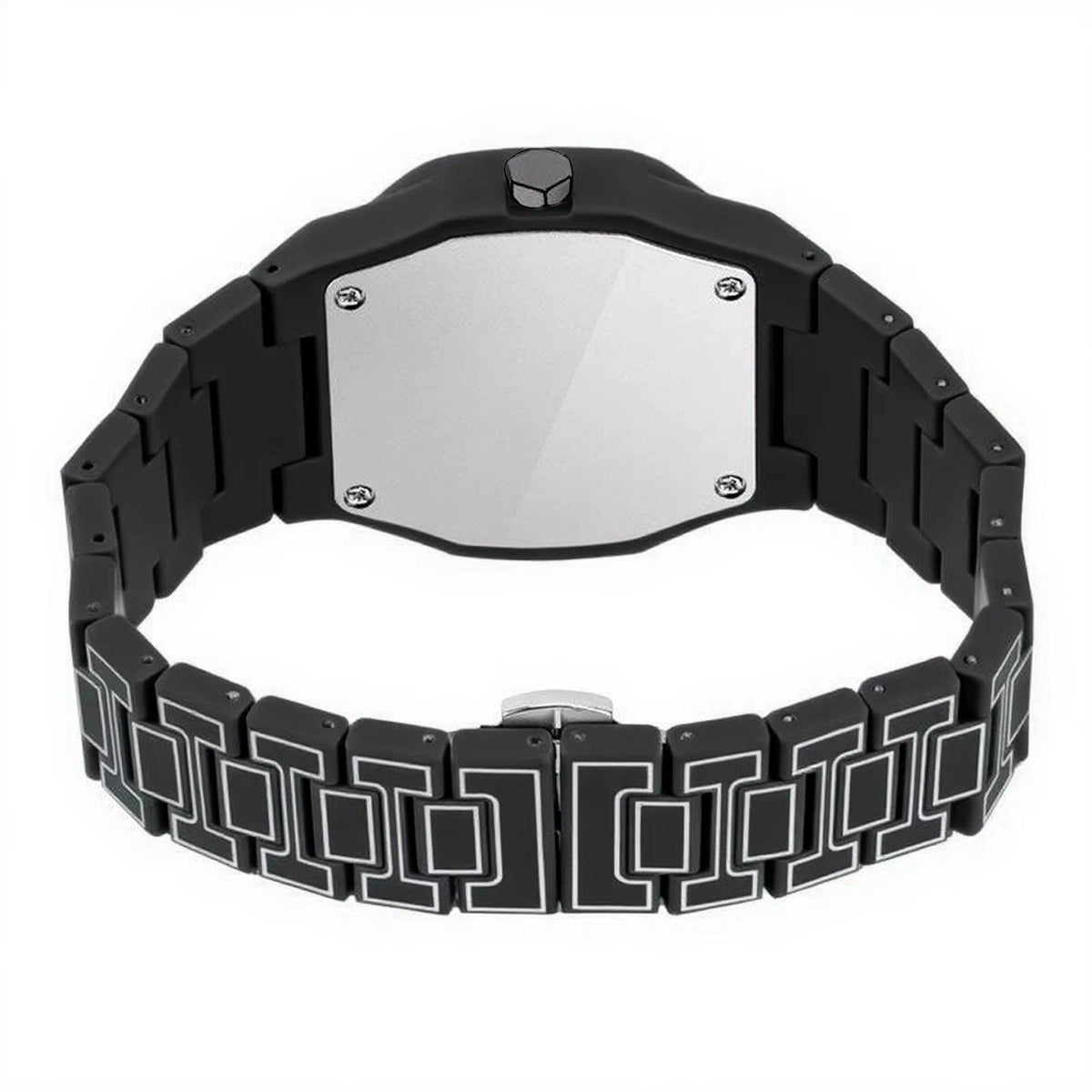 TOMI watch with octagonal case and geometric engraved steel bracelet, minimalist dial with baton hour markers and slim hands