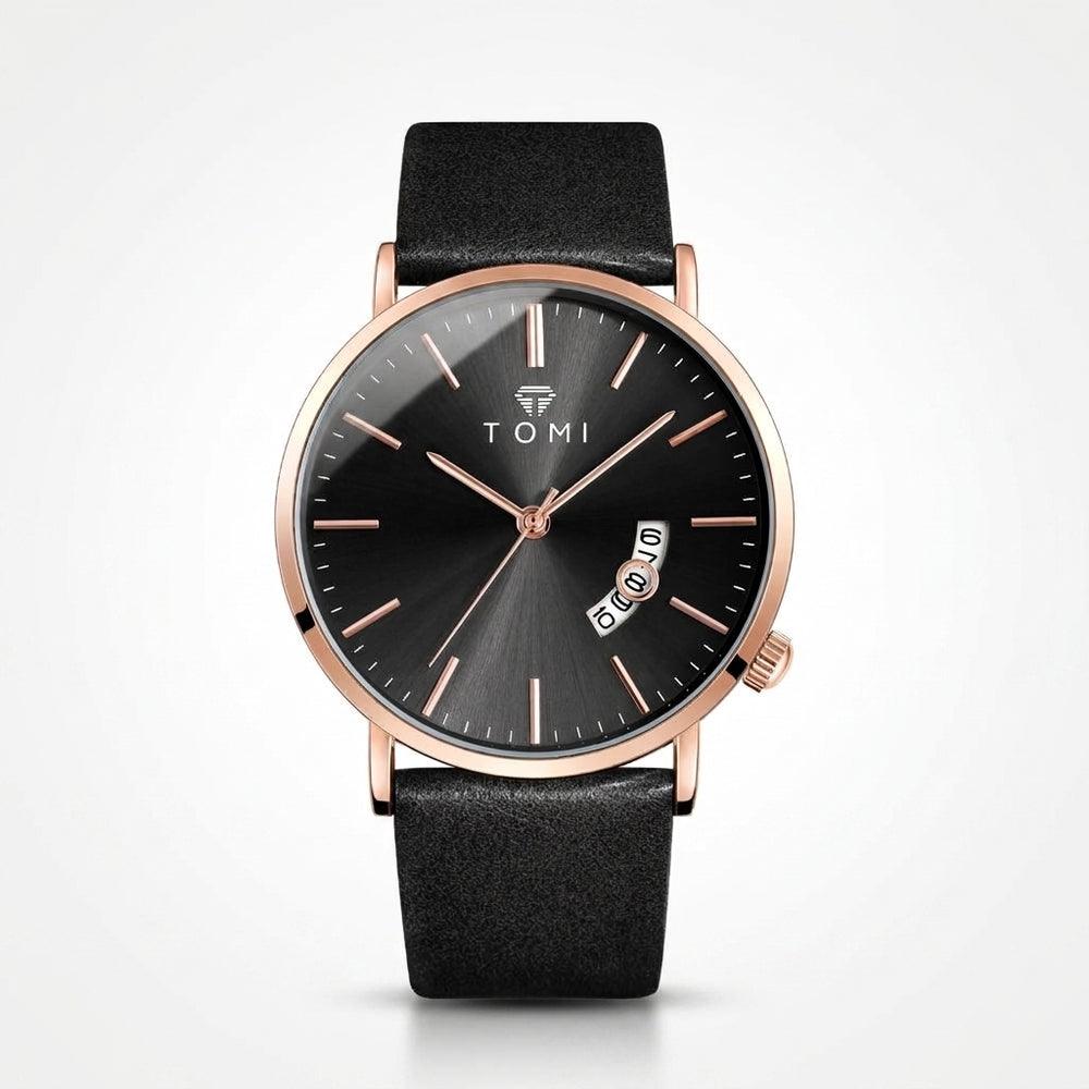 TOMI T018 Enigma Splendor watch with black dial and black leather strap, angled 3/4 view