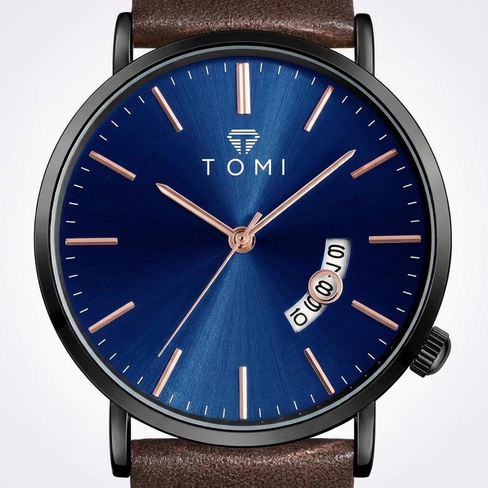 TOMI T018 Enigma Splendor watch with blue dial and brown leather strap, macro view