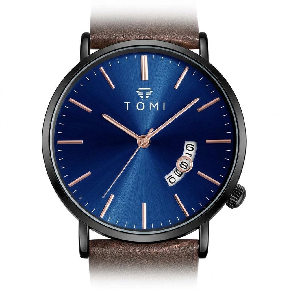 TOMI T018 Enigma Splendor watch with blue dial and brown leather strap, front studio view