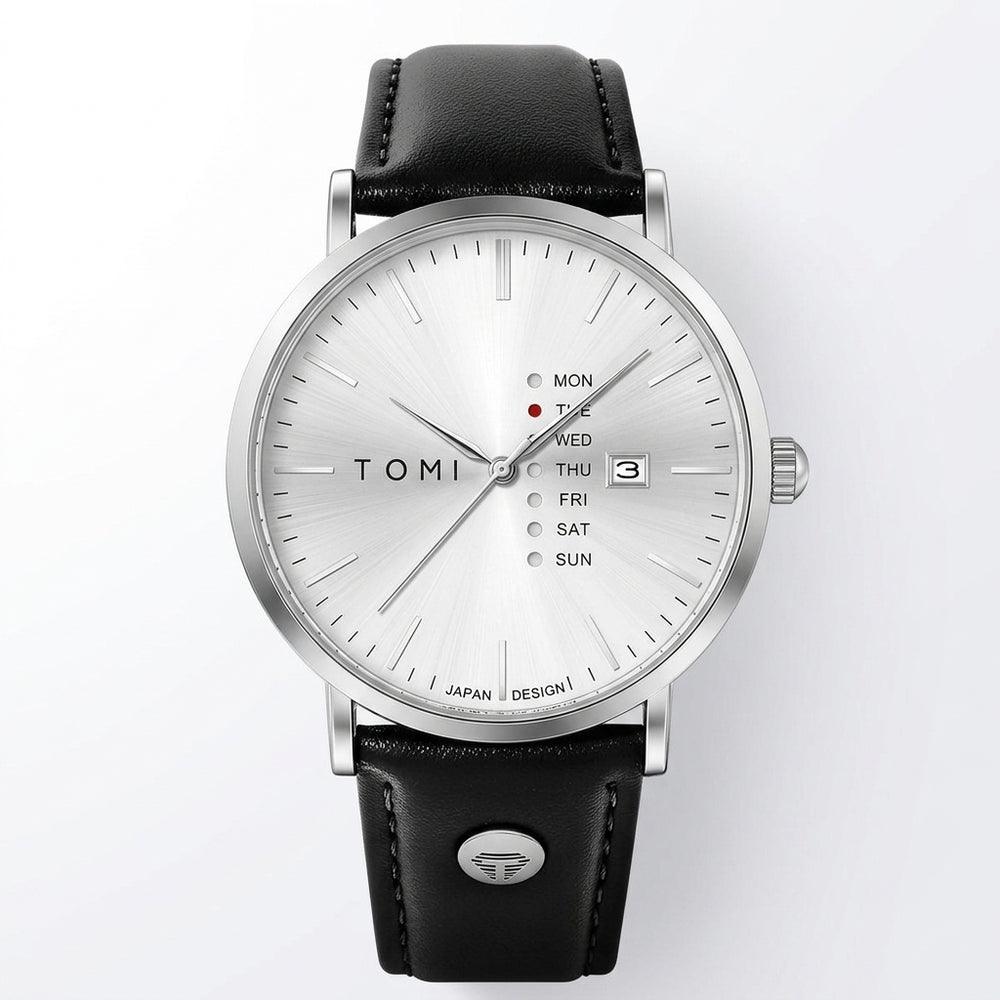 Watch with white dial, silver case and black leather strap on a white background, front view