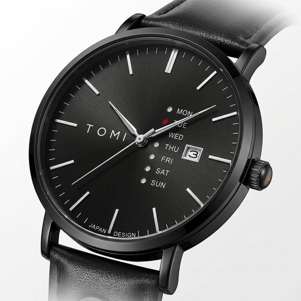 Black watch with black leather strap on a white background, angled view