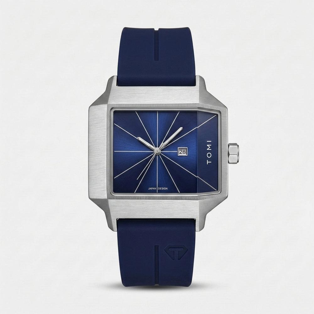 Blue watch with silver case and blue strap on a white background