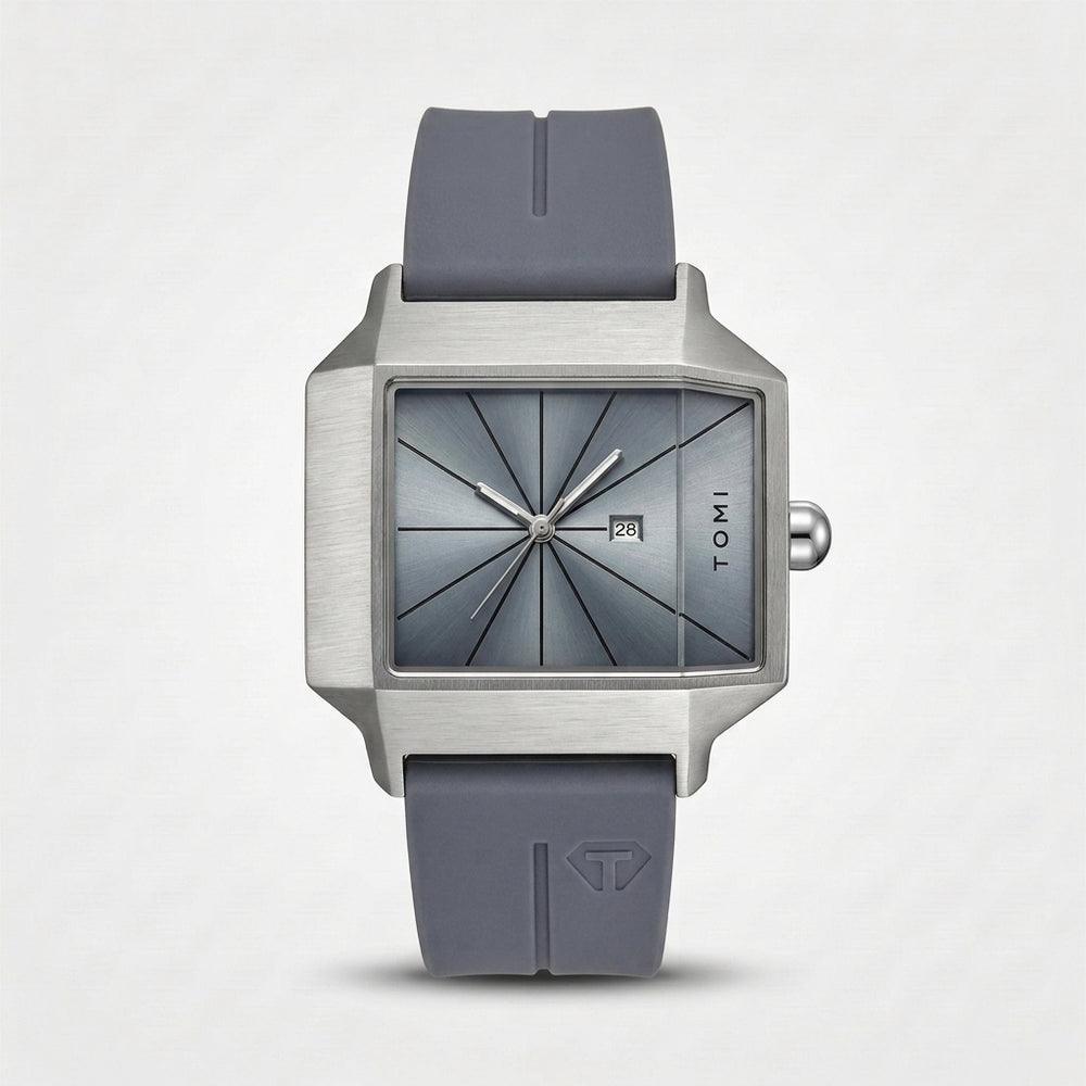 Grey watch with silver case and grey strap on a white background