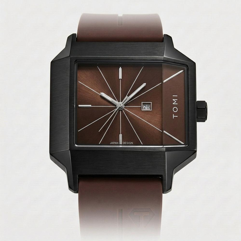 Brown watch with black case and brown strap on a white background