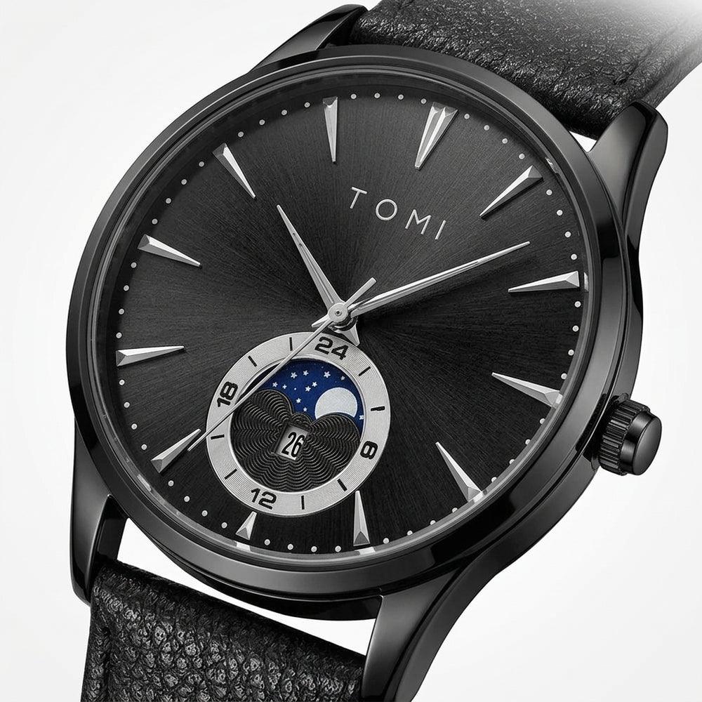 TOMI T024 Phantom Radiance watch with black dial and black leather strap, macro close-up